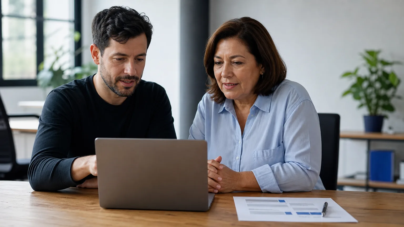 Desenvolvedor e dona de empresa revisando juntos o checklist de otimização do site no notebook