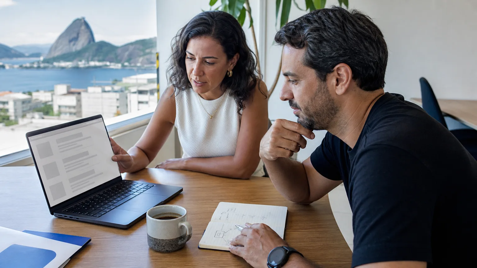 Dona de empresa e consultor analisando no notebook como o site aparece nas buscas do Google