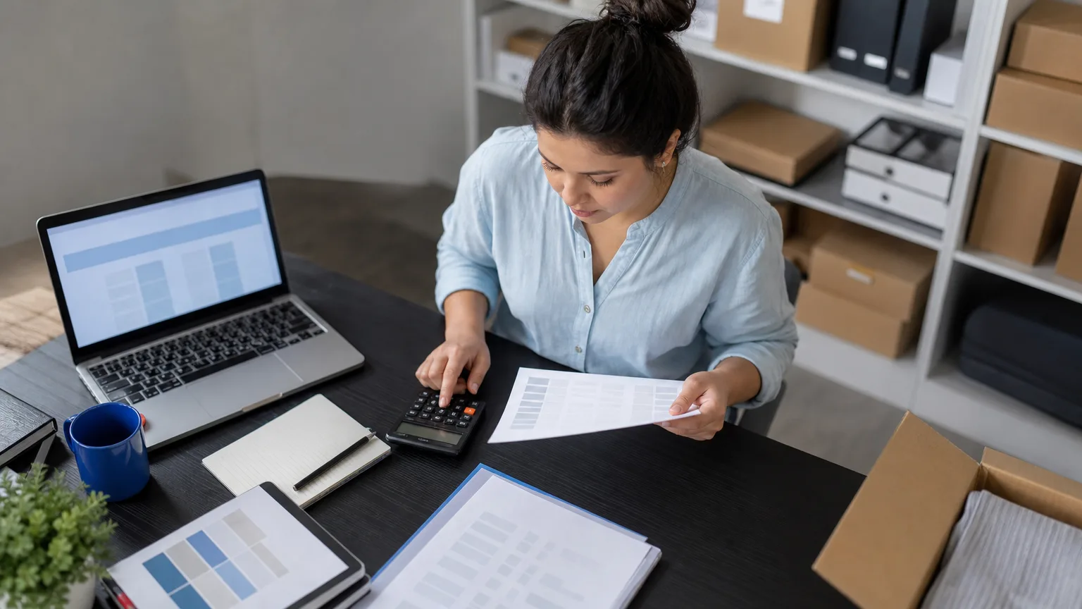 Dona de loja virtual conferindo contas com calculadora e planilha impressa ao lado de caixas de pedidos