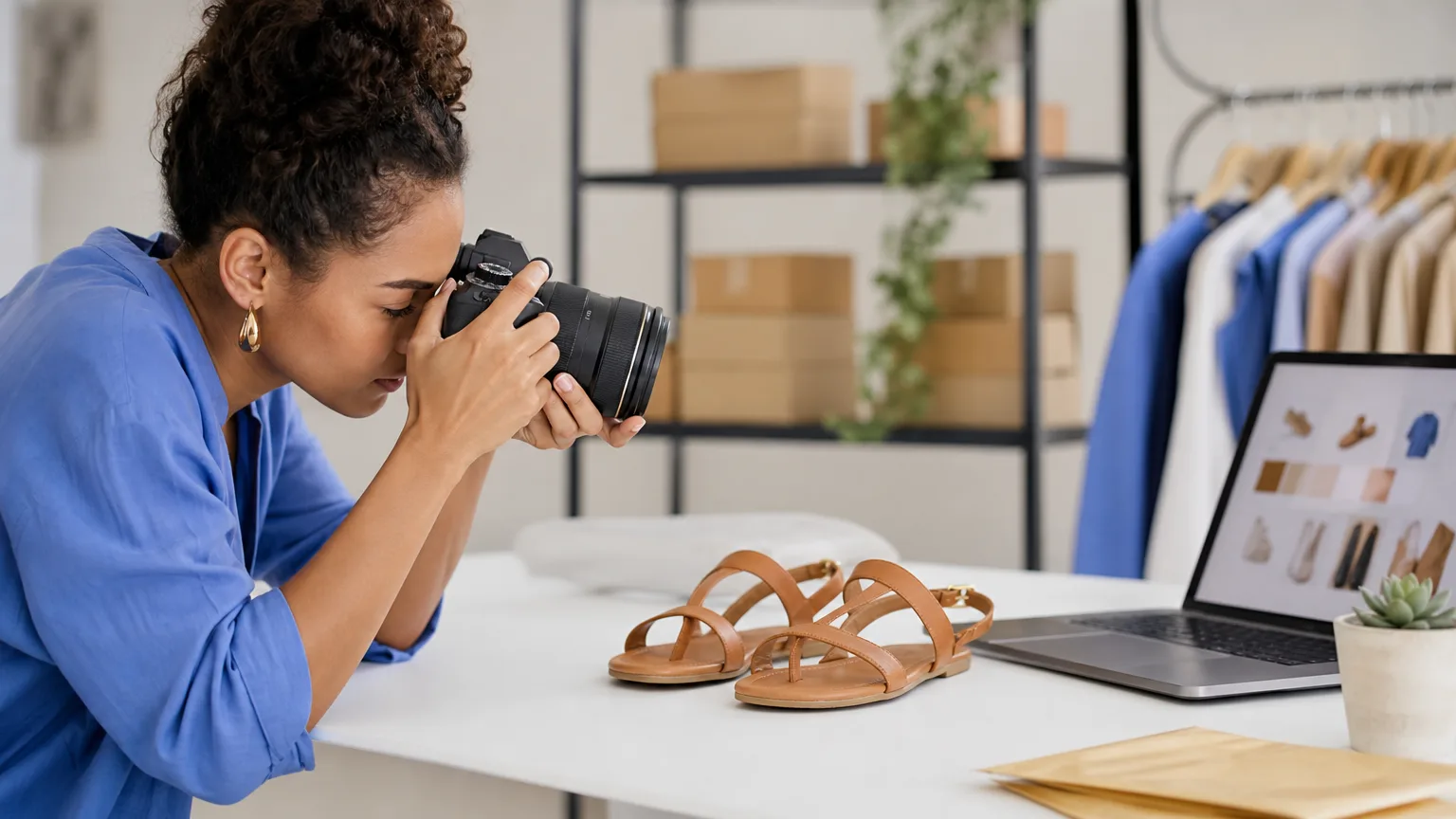 Dona de loja virtual fotografando um produto para o catálogo do Google Shopping