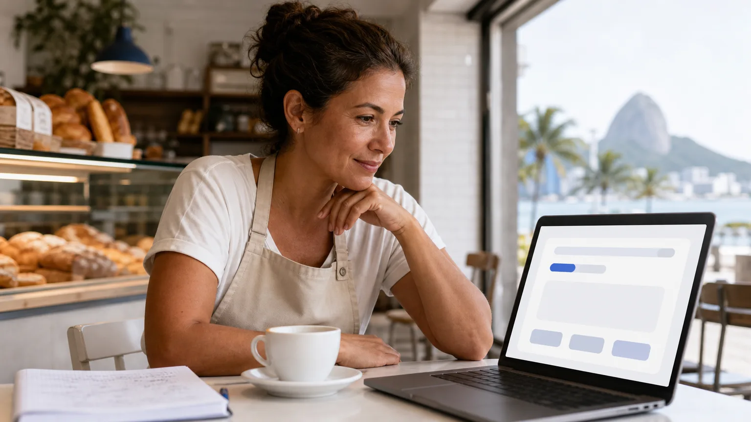 Dona de padaria analisando no notebook os anúncios da loja no Google, sentada atrás do balcão