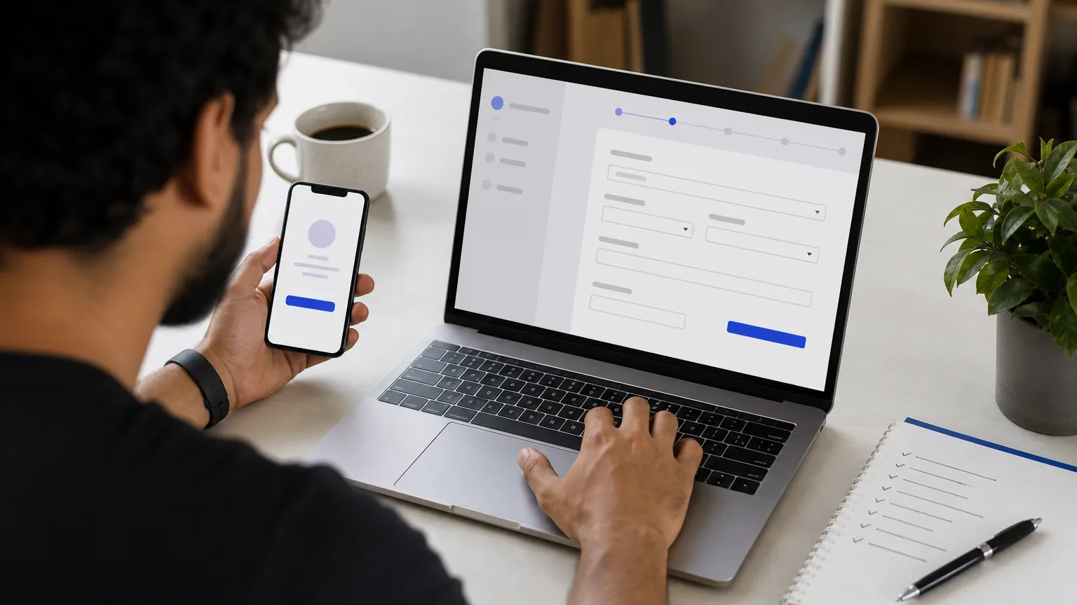 Empreendedor preenchendo o cadastro da loja no notebook, com o celular ao lado para verificação