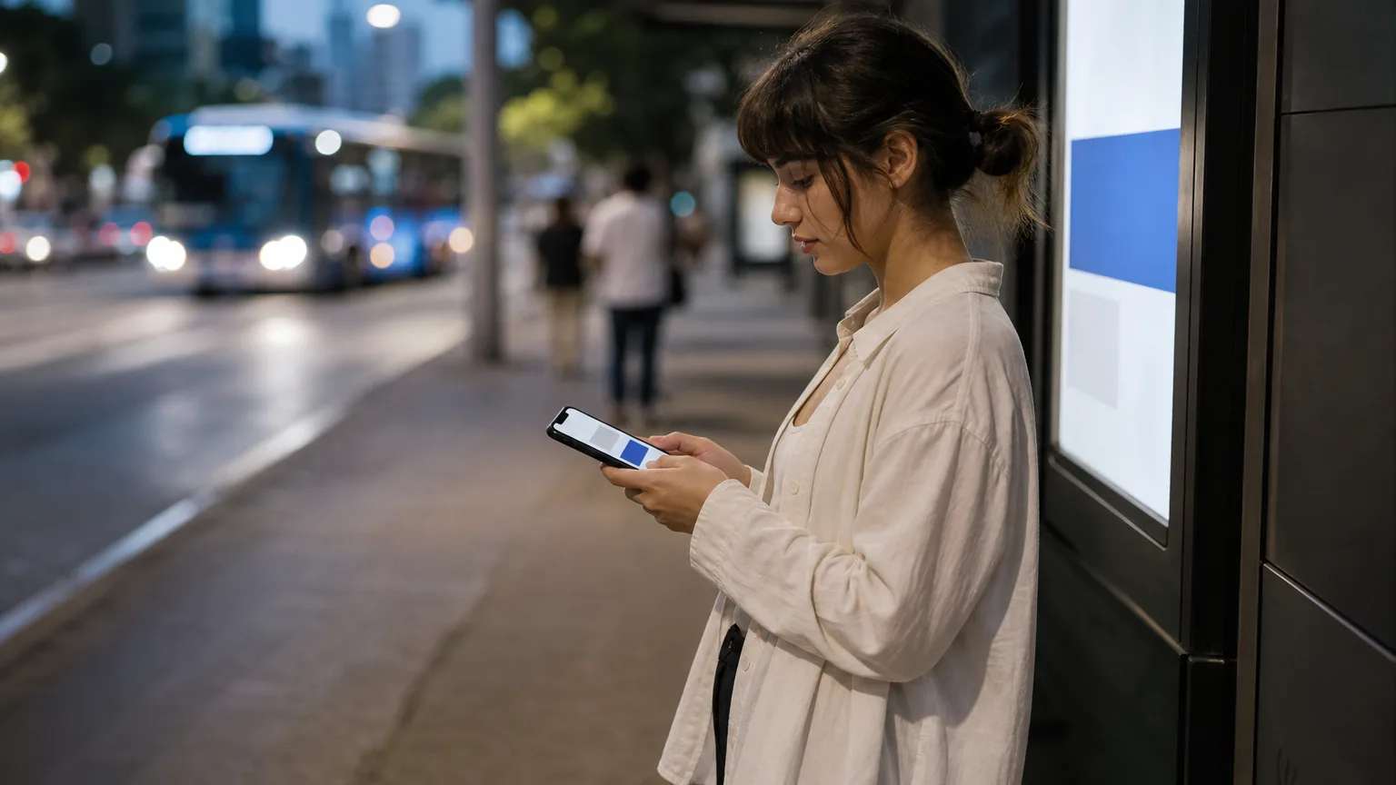Mulher no ponto de ônibus esperando uma página carregar no celular
