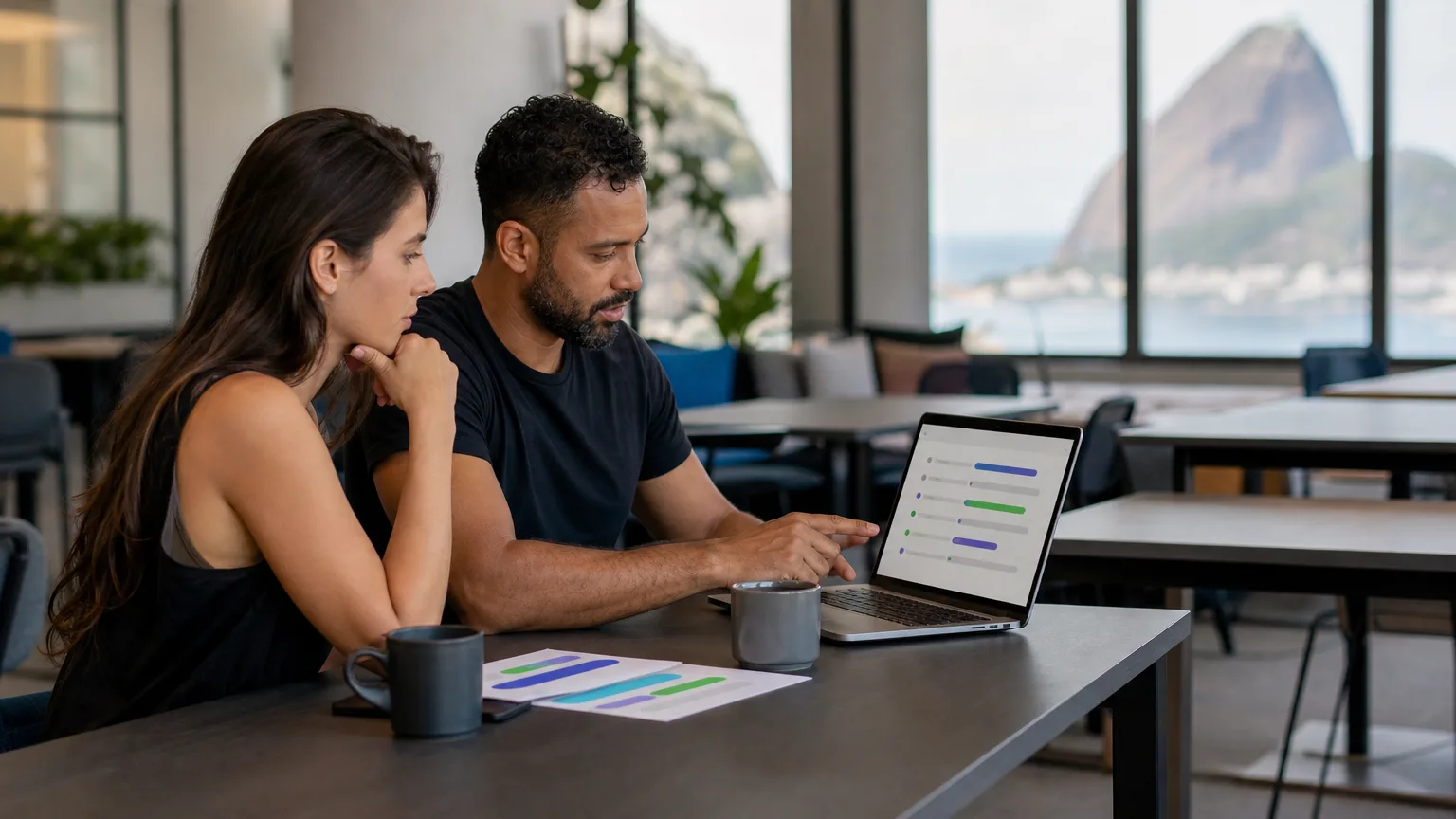 Dois profissionais de marketing analisando resultados de busca e anúncios em um notebook