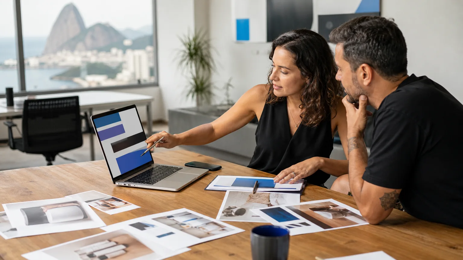 Gestora de marketing e dono de loja organizando fotos de produtos e o planejamento de uma campanha no notebook