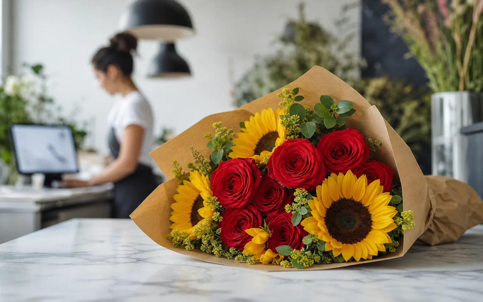 Buquê de rosas e girassóis da Bruna Flores