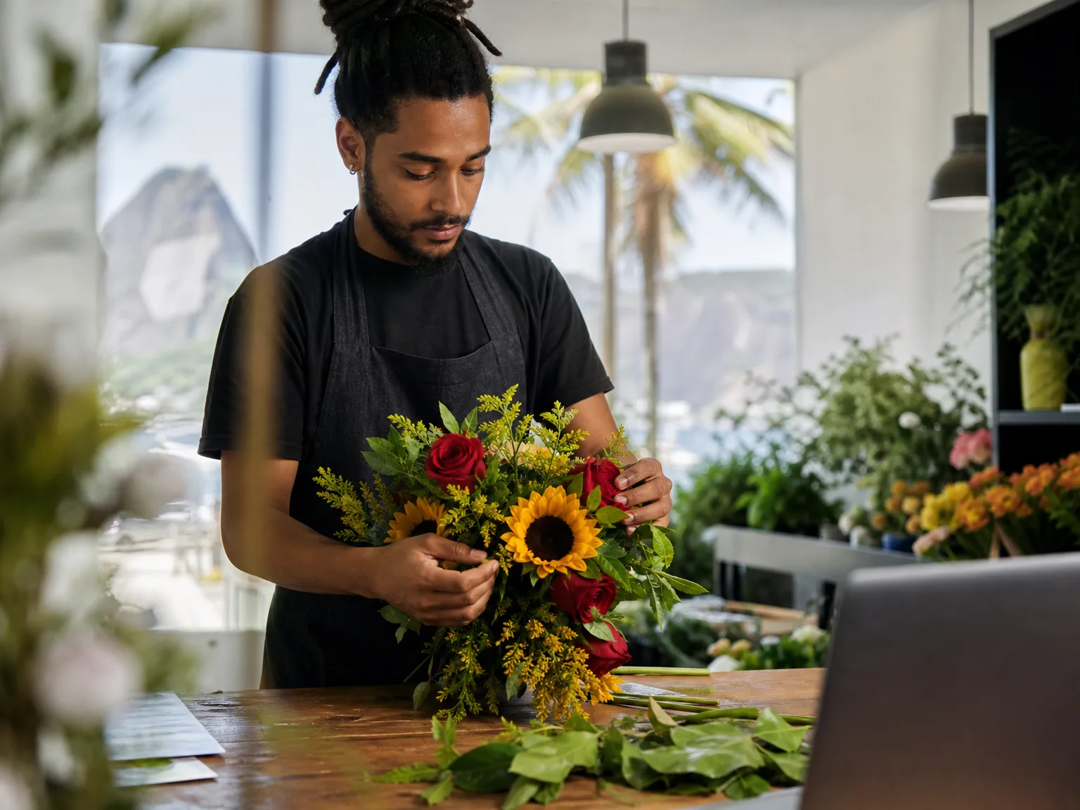 Florista montando um buquê